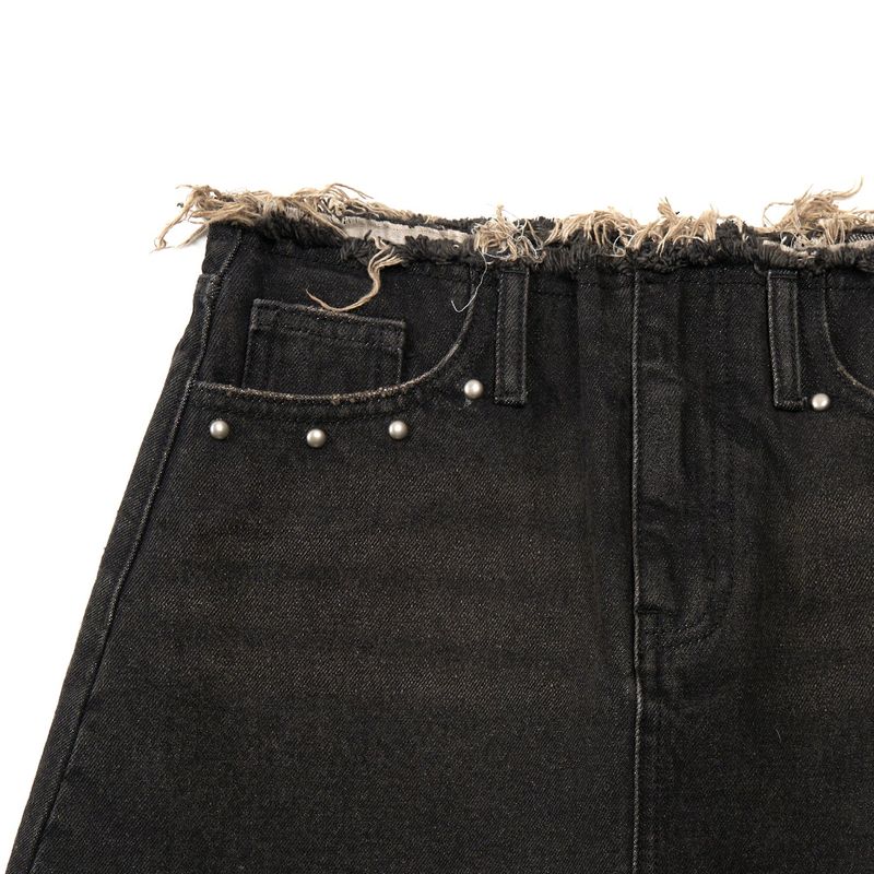 STUD DENIM SKIRT LAYERED PANTS (BLACK)