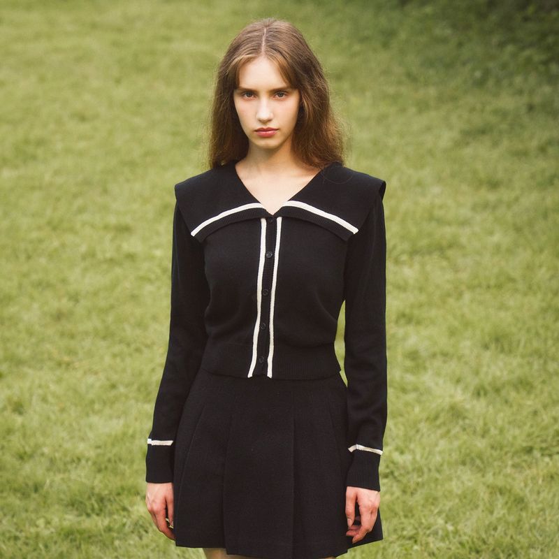 SAILOR COLLAR LONG SLEEVED CARDIGAN - BLACK