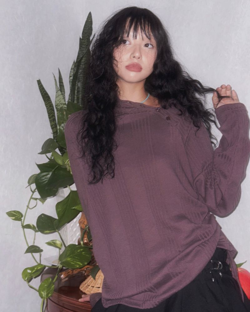 (3color) Shirring Diagonal Button Drape Hoodie Knit Tee