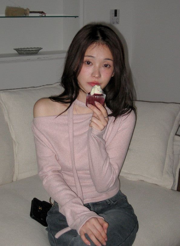 Drape One Shoulder Warm Knit +Tie Set (5color)