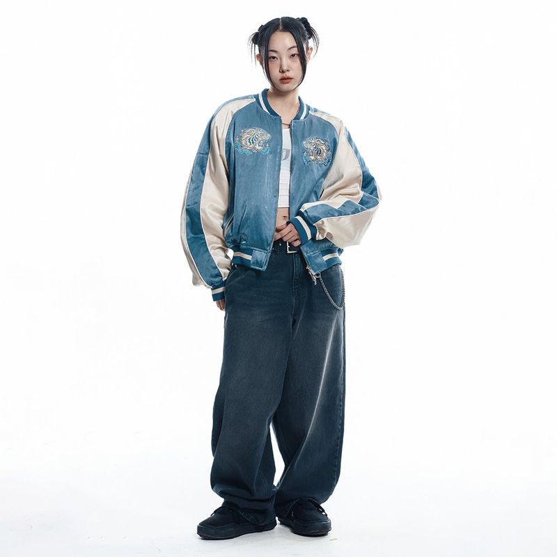 Lettering Wide Denim Pants - BLACK