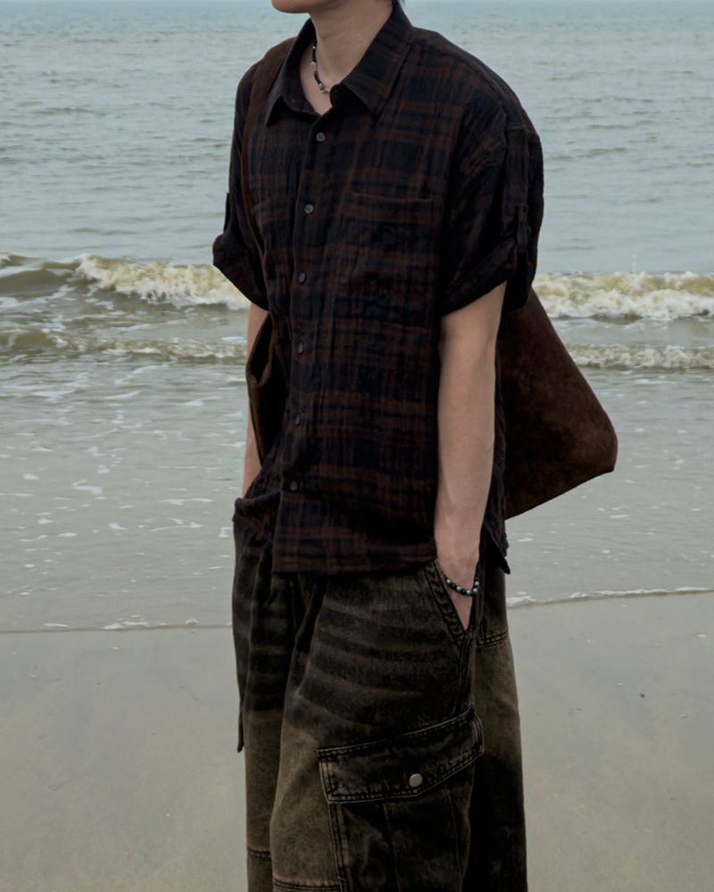 Embossed Texture Check Roll-Up Shirt