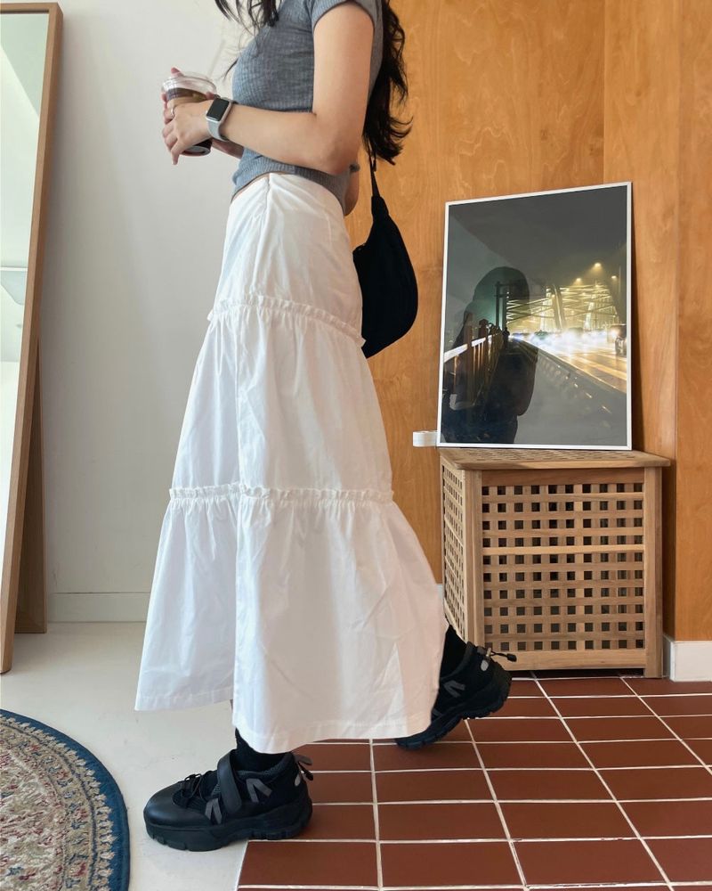 Pudie A-line Cotton Shirring Long Skirt 3C