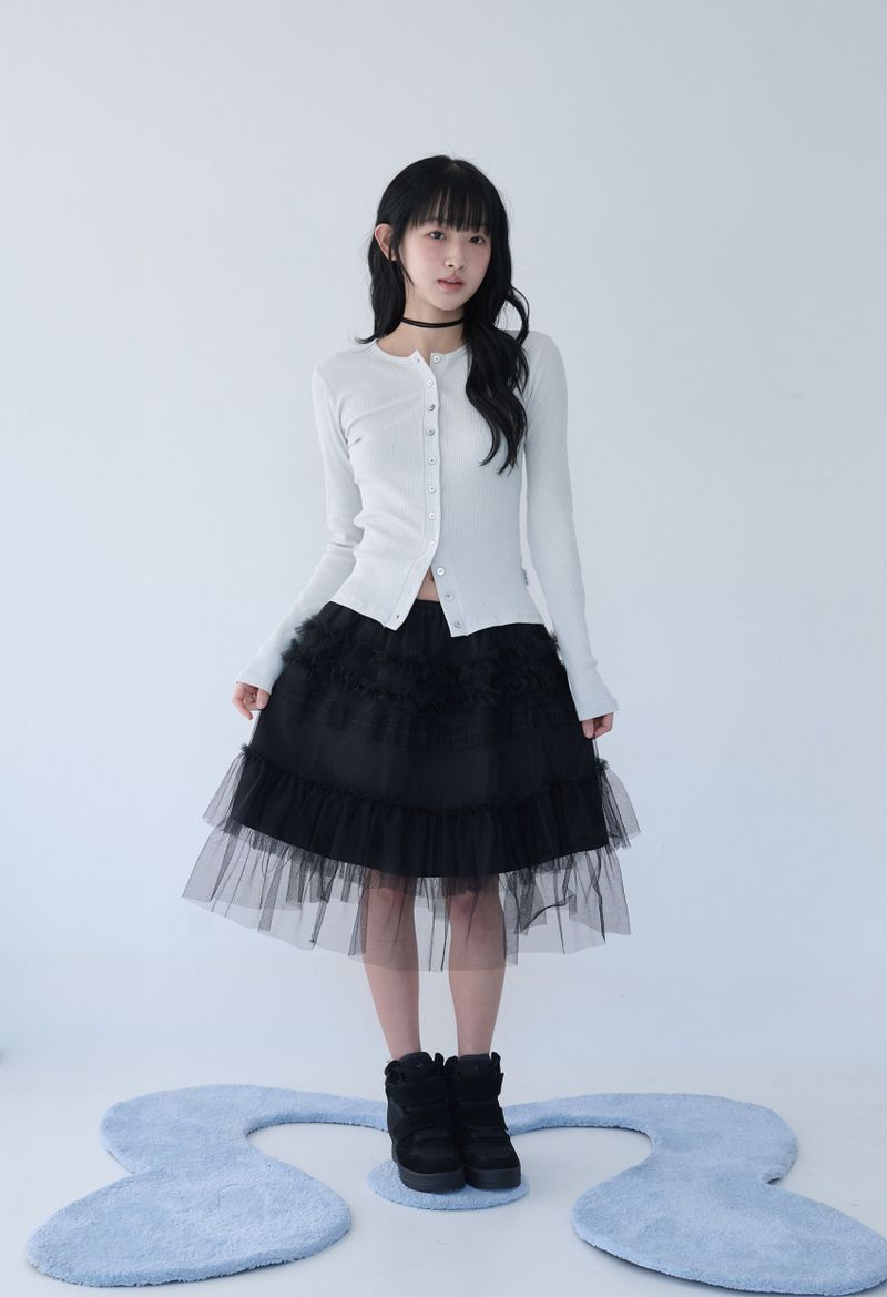 TULLE FRILL MIDI SKIRT BLACK