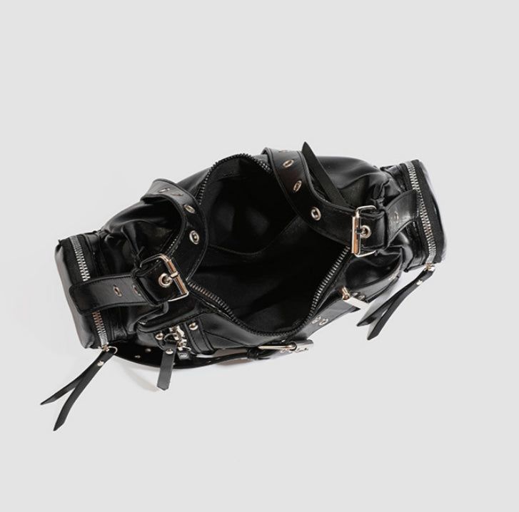 Studded Waxed Leather Motorcycle Shoulder Bag