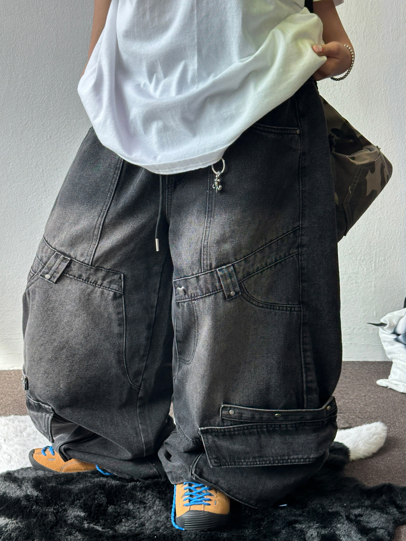 HIP RIVET KEYRING DOWN CARGO DENIM LONG PANTS🩵🩶 - 2 COLORS