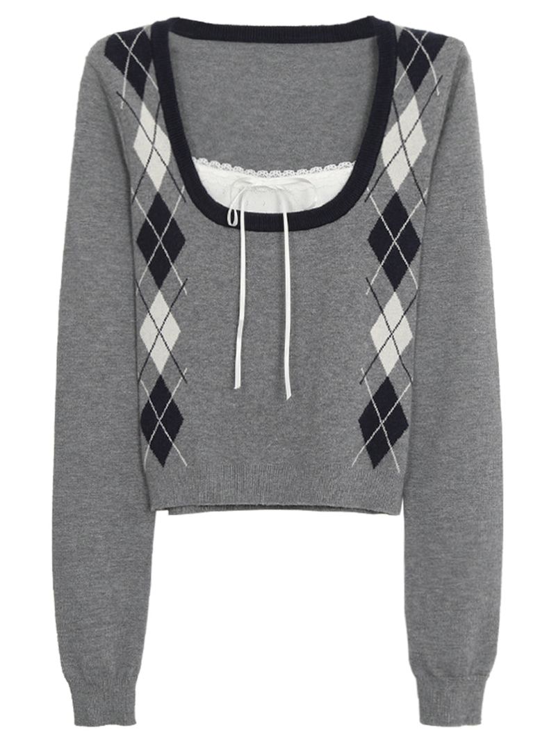 Argyle Square Neck Long Sleeve Knit T-shirt