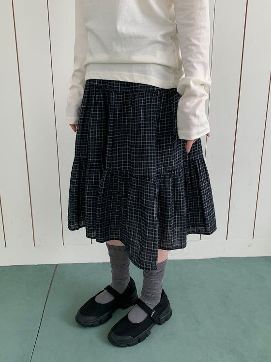 Zikan Check Shirring Midi Skirt