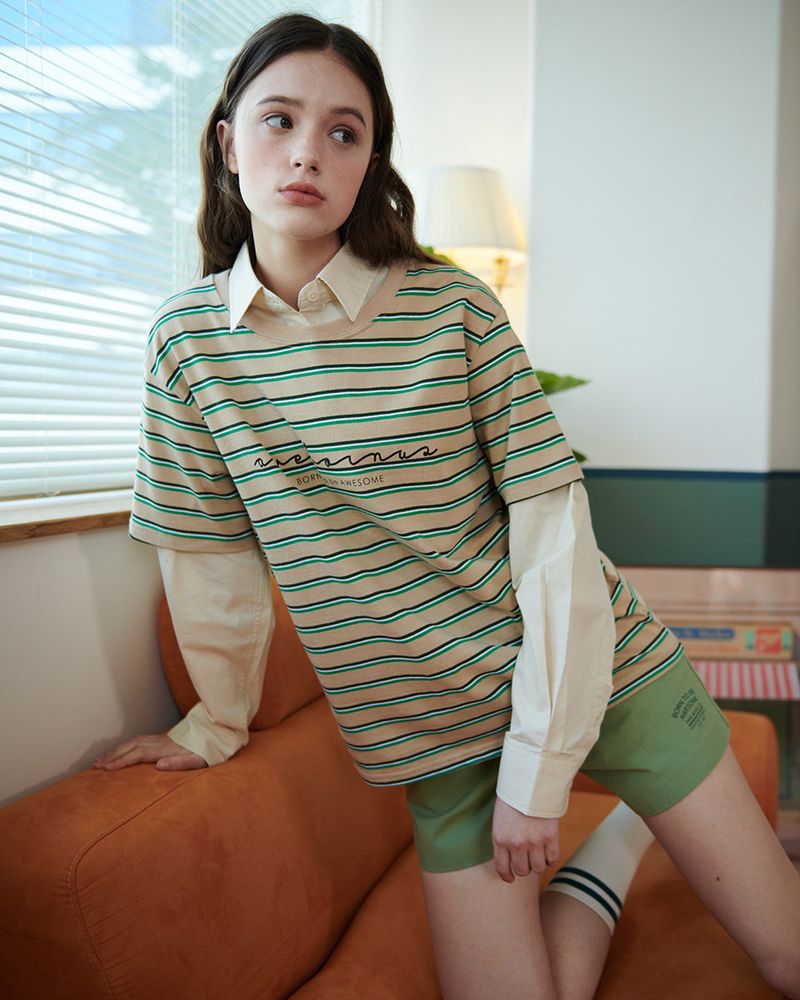 STRIPE LOGO T-SHIRT [BEIGE]
