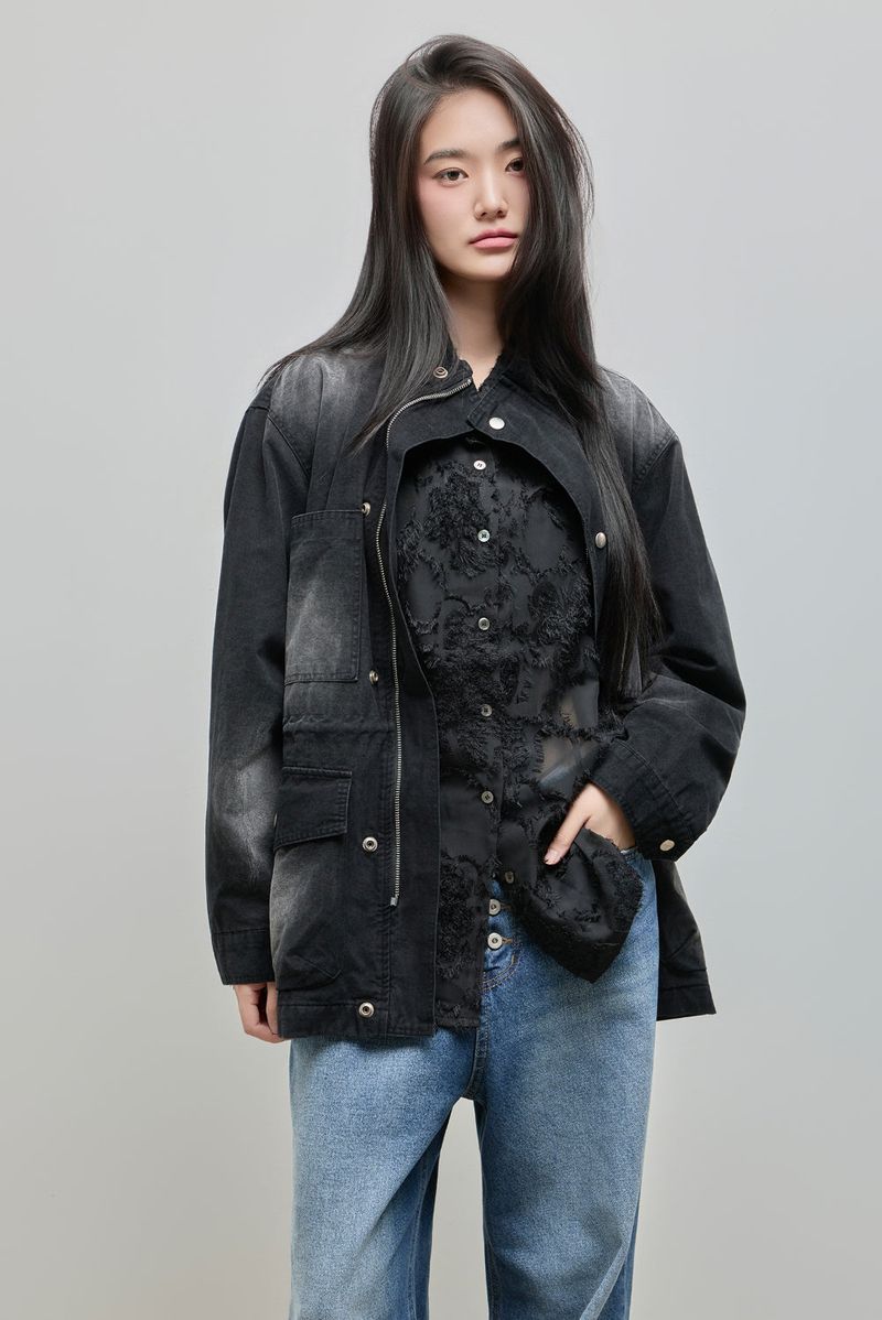 Washed High-Neck Field Jacket_Black