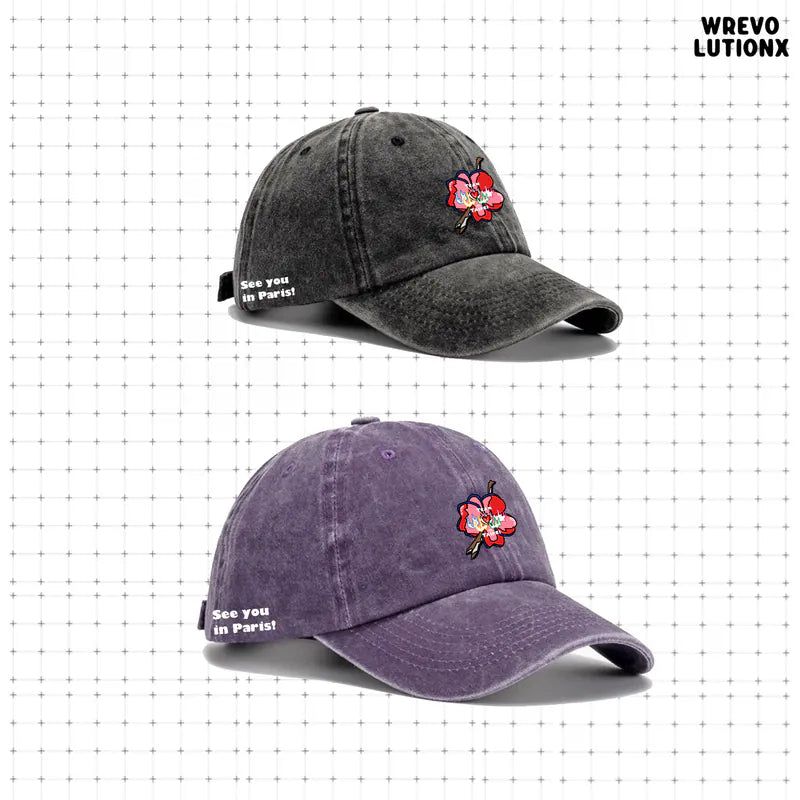 WREVOLUTIONX by WooLeeX（レボリューションエックス バイ ウーリーエックス）の「"See You in Paris" Floral Embroidery Denim Washed Baseball Cap (Purple)（Hats）」