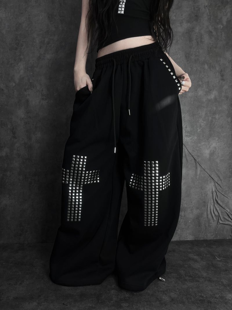 metal stud cross wide pants