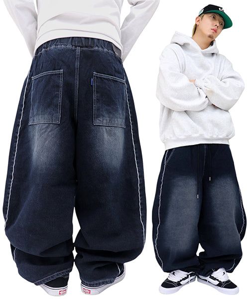 Wide Side-Line Denim Balloon Pants