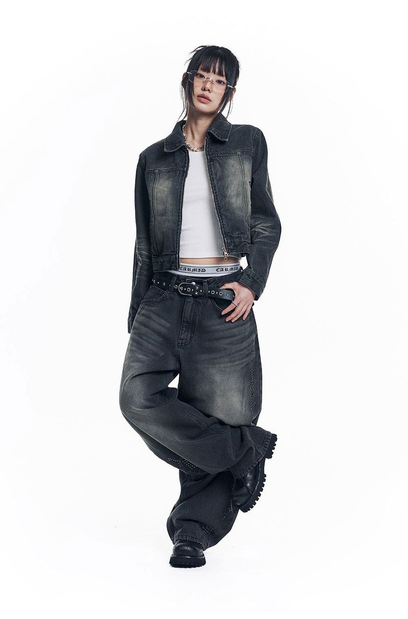 Washed Crop Track Denim Jacket - Black