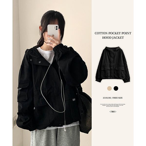 Haute High Neck Hem String Pocket Hooded Jacket