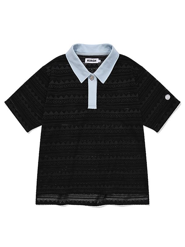 KIRSH（キルシー）の「CUT OFF COLLAR POINT LACE SHORT SLEEVE KNIT [BLACK]（Tops）」