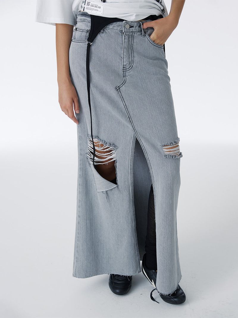 WHOLE PAPER（ホールペーパー）の「DAMAGED LONG DENIM SKIRT (GRAY)（Skirts）」