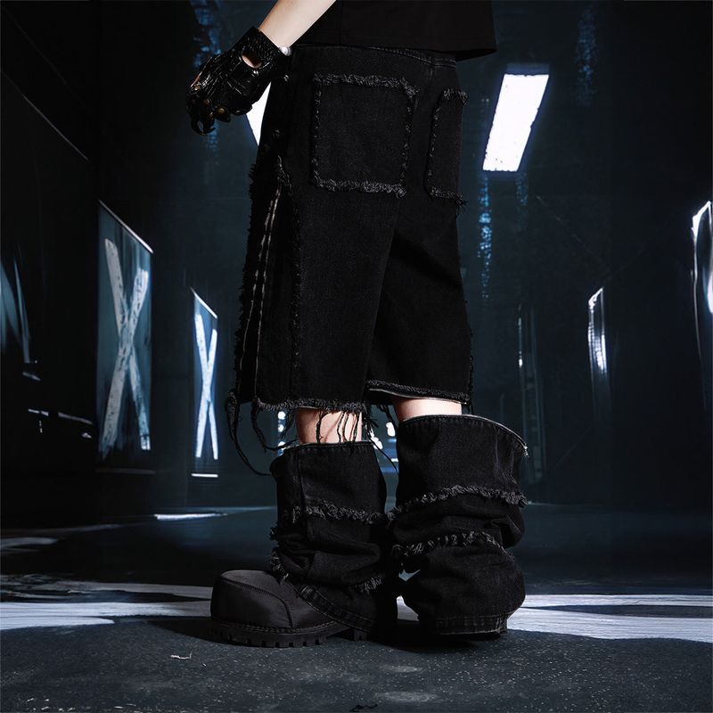 SEXXDEVIL Detachable 2-in-1 washed raw-edge jeans