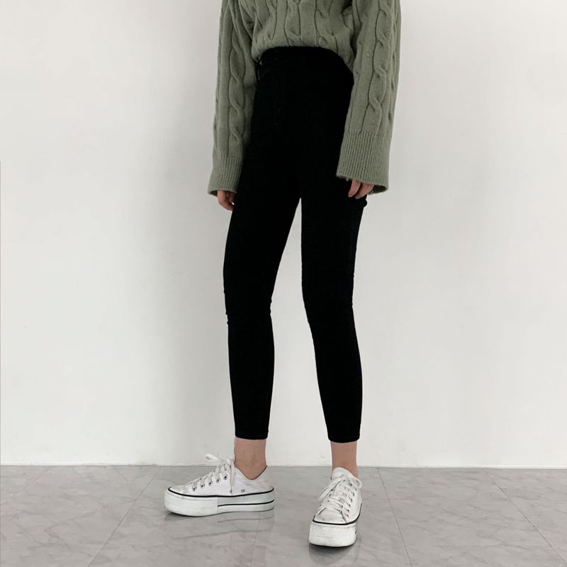 Whiskered Two-Button High Waist Skinny Jeans