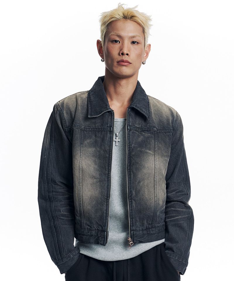 Washed Crop Track Denim Jacket - Black