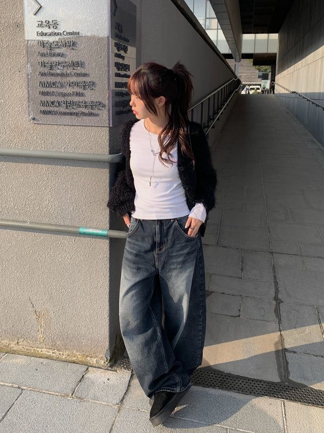 Bowling Hem Snap Wide Washing Denim Pants