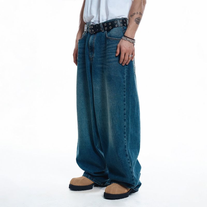 Lettering Wide Denim Pants - DEEP BLUE