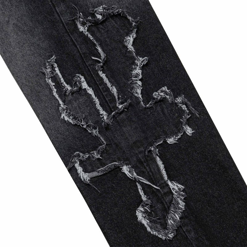 Flame Wash Relaxed Denim Pants Black