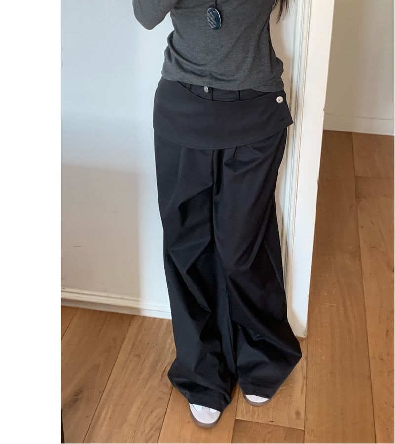 Close Pintuck Wrap Two Button High Waist Long Wide Pants