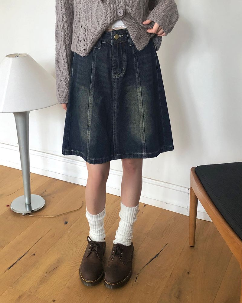Yuan Panel Washed Denim Midi Skirt