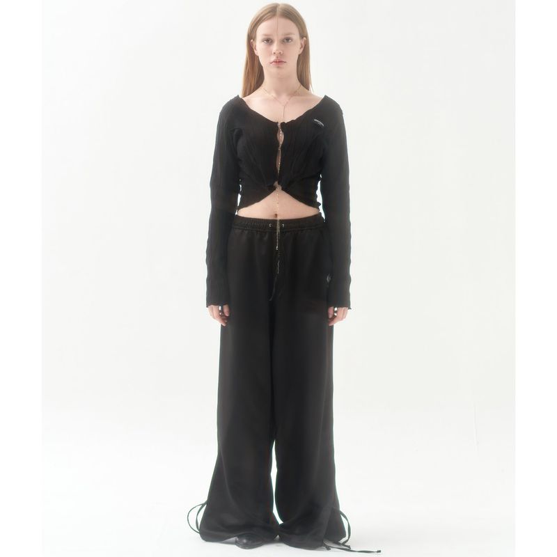 211-RIBBON SLIT SATIN PANTS