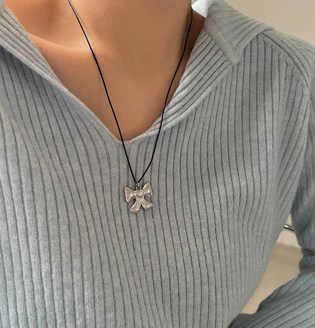 yun Big Ribbon Heart Stainless Steel Cowhide Rope Strap Strap Long Layered Necklace