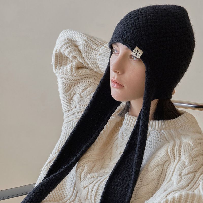 VA Square Label Knit muffler beanie / Black