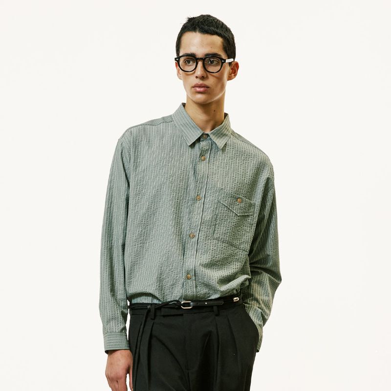 [SET] everyday stripe shirt & square tip knit tie green