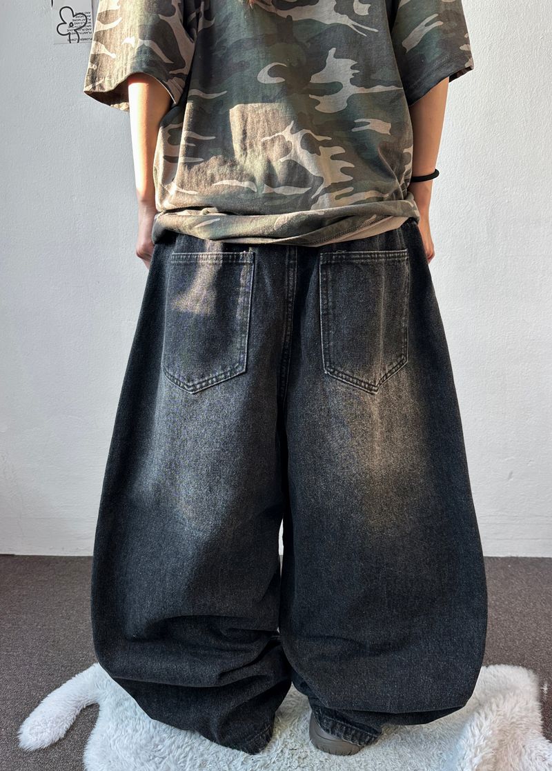 Devil Rivet Elastic Waist Balloon Denim Pants 2color