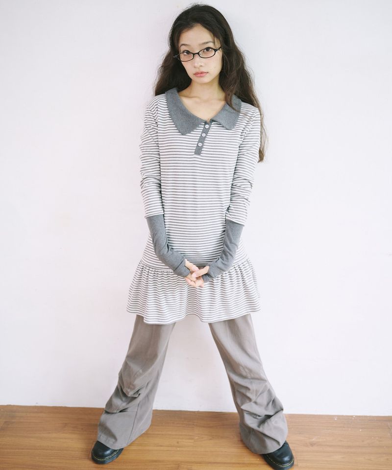 STRIPE ASYMMETRY COLLAR ONE PIECE - GRAY