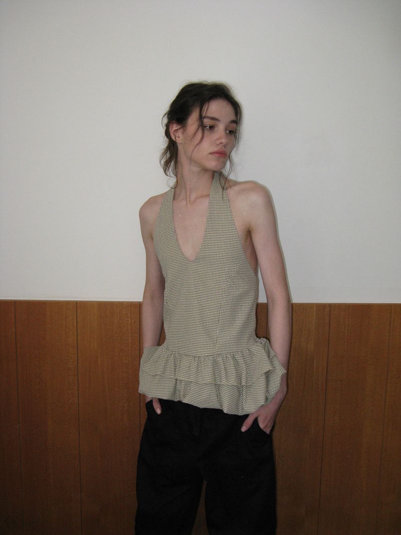 Gingham halter blouse_khaki