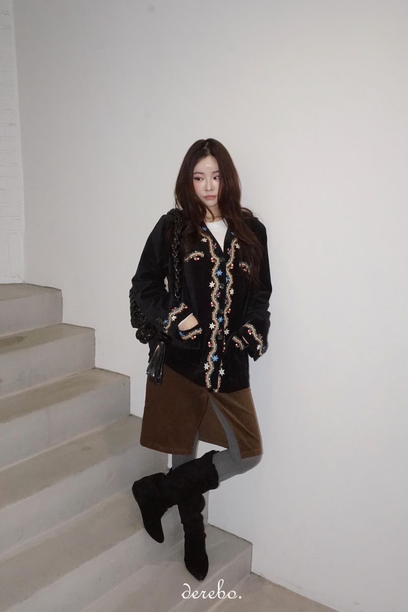 French velvet embroidered no collar jacket