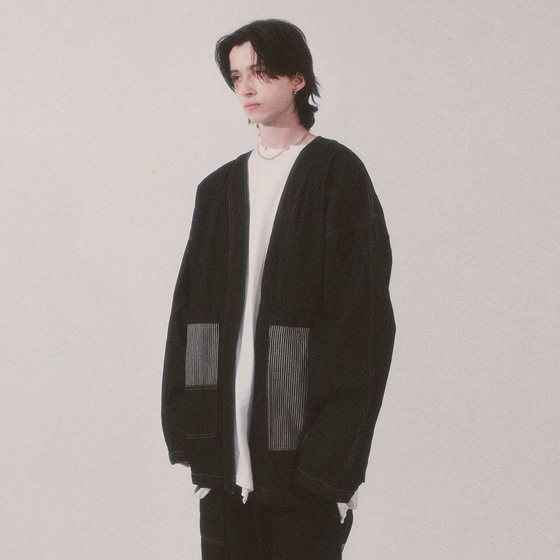 stripe patch denim cardigan_black