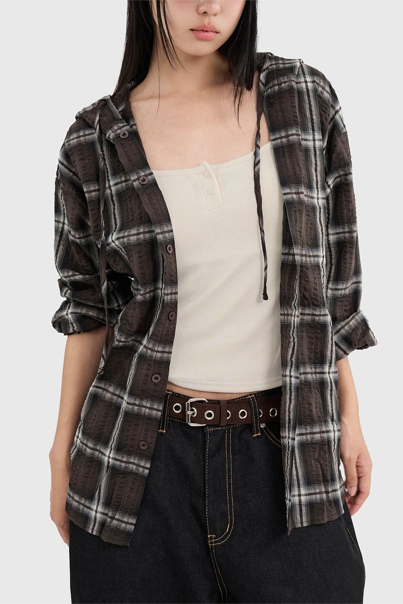 Bear Wrinkle Check Hood Shirt