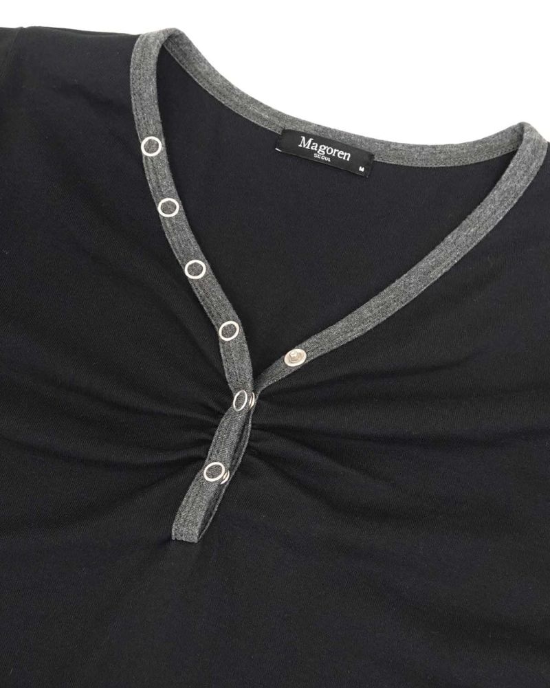 Shirring Henley Neck Long Sleeve Black