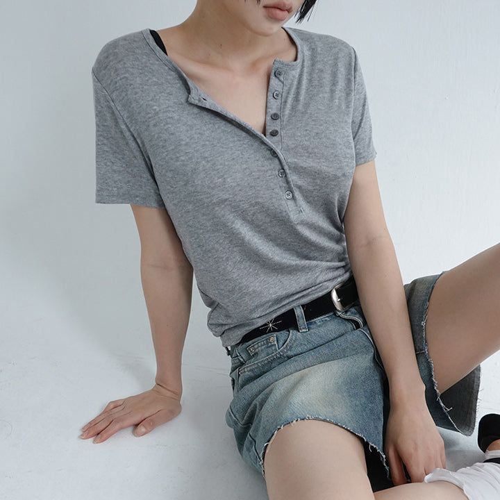[Izenty] Henley-Neck Button Short-Sleeve T-Shirt - 4 Colors