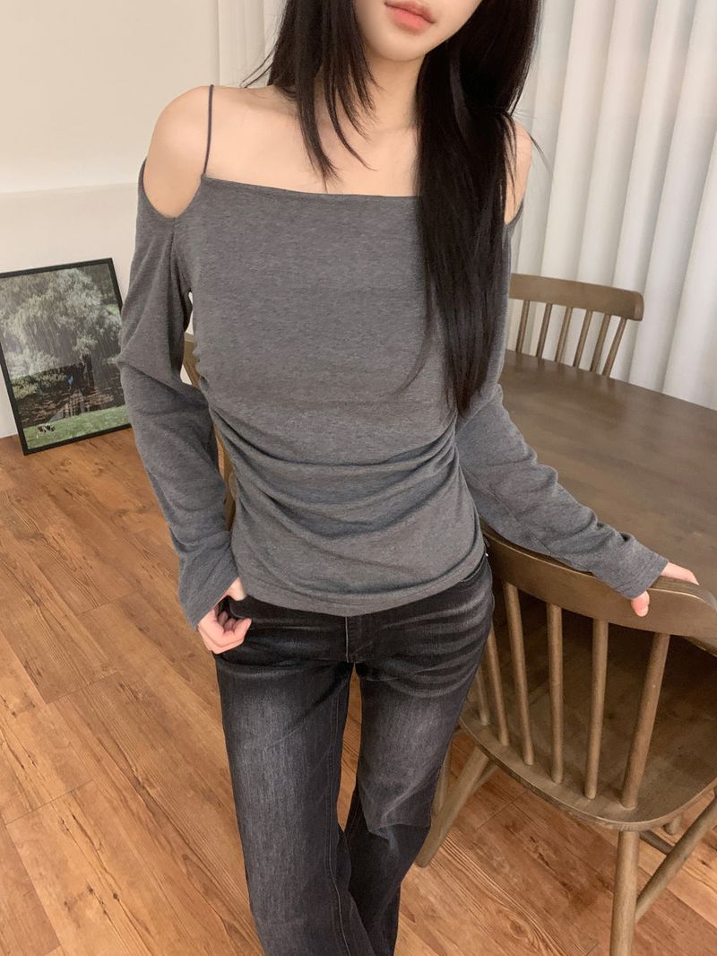 Jenn Muse Off-Shoulder Strap Drape Long Sleeve Top