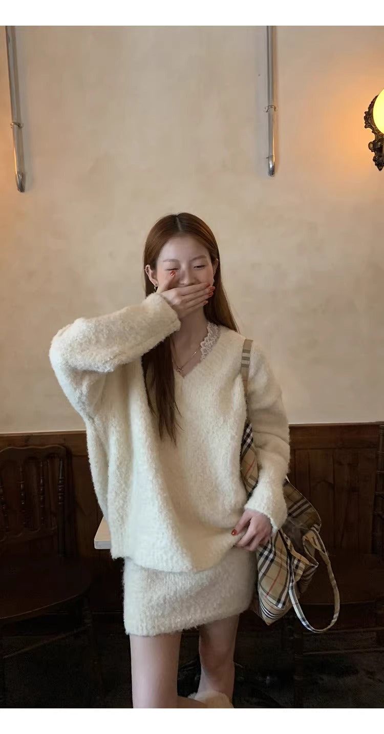 Cloud V-neck Knit Skirt Two-piece