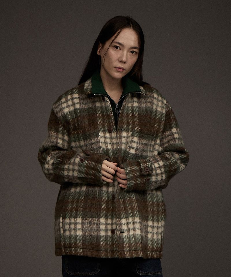 W COZY HAIRY CHECK JACKET KHAKI