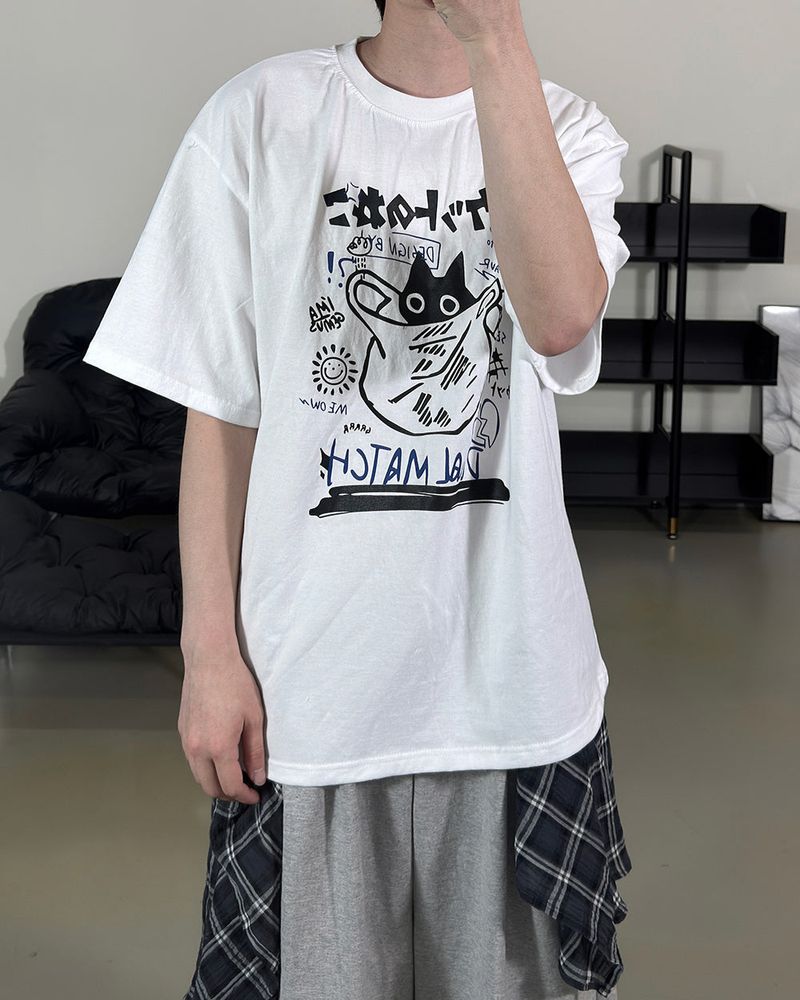 Niporu Cat Graphic Oversized Short Sleeve