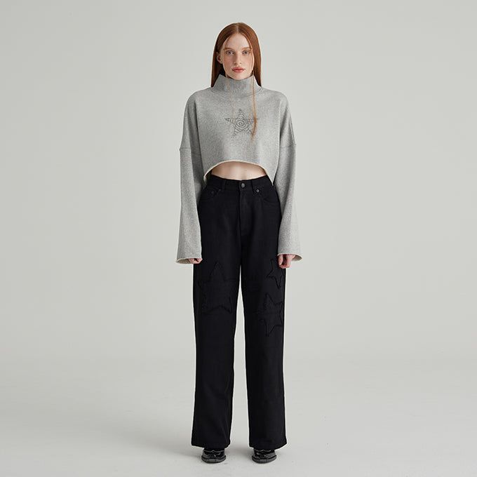 MELANGE GRAY TURTLENECK CROP SWEATSHIRT