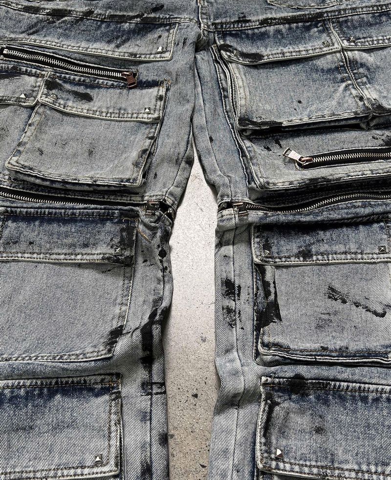 WASH-DENIM CARGO PANTS MULTI POCKET (Blue)