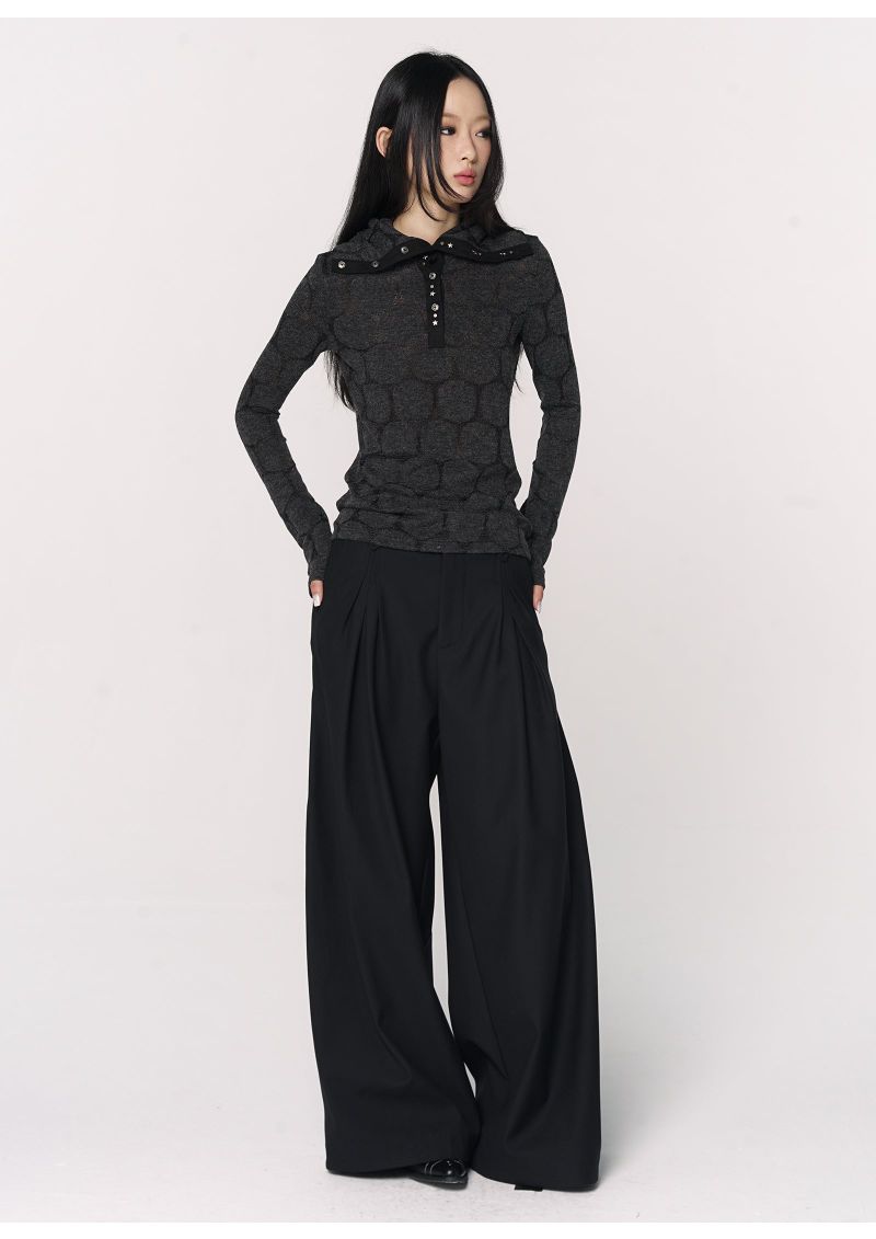 CONFUN Henry rivet patchwork lapel jacquard knitted slim top