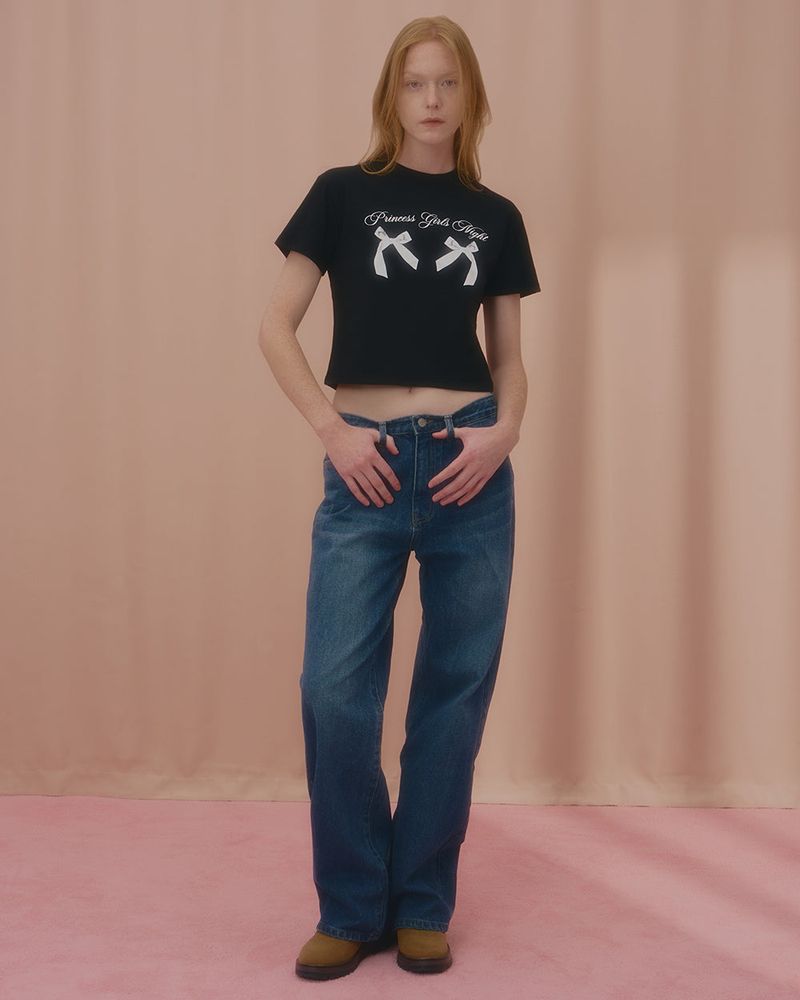 PRINCESS TWIN RIBBON CROP TSHIRT-BLACK
