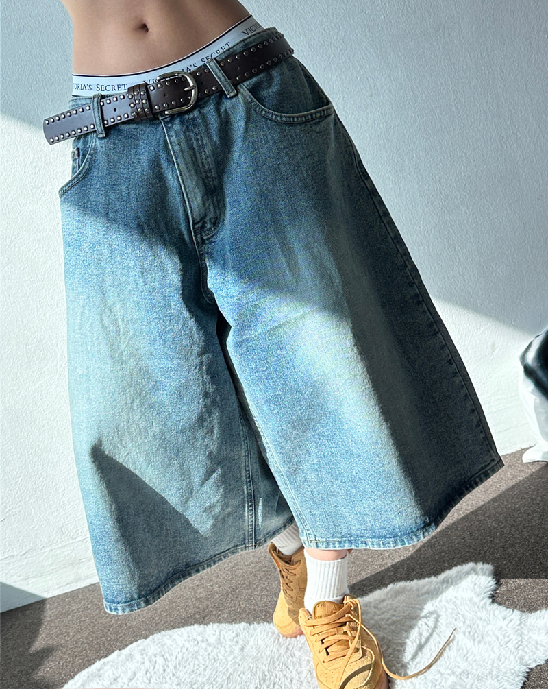 Chrome Back Number Oversized Wide Balloon Denim Bermuda Shorts 2color